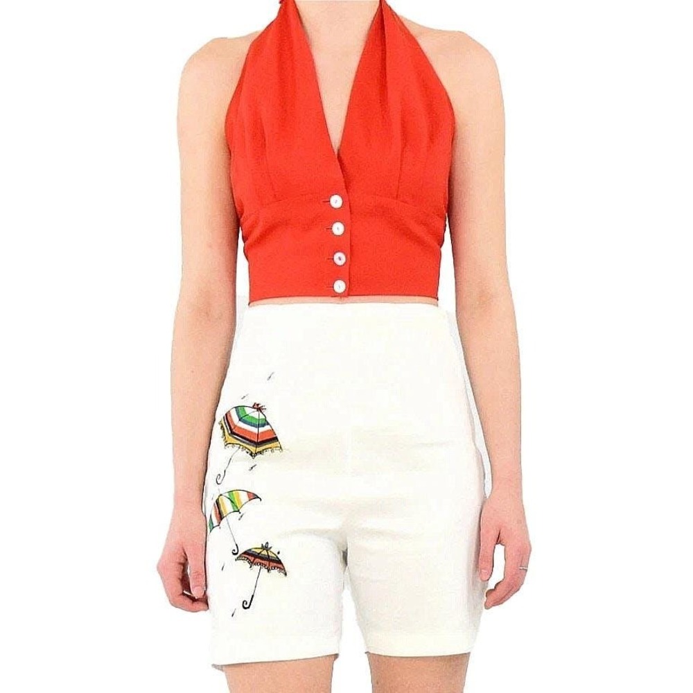 50s Vintage Umbrella Print Shorts Set Womens XS Red Halter Top High Waist White